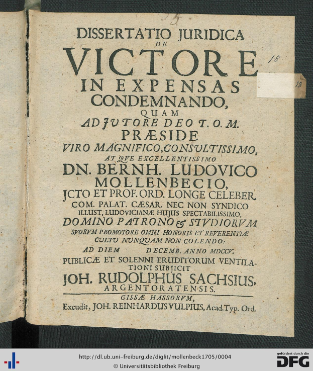 Offenes Buch mit dem Titel "Dissertation Juridica de Victore in Expensas Condemando" und sichtbarem Text, der auf gerichtliche Dokumente hindeutet.