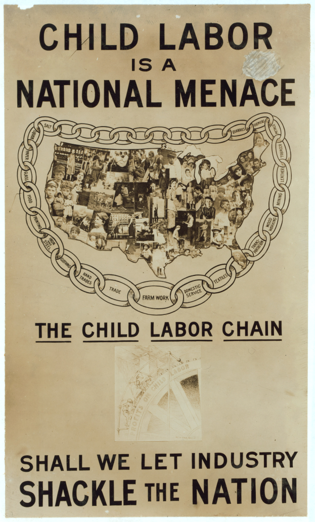 Ein Plakat mit fetter schwarzer Schrift auf einem weißen Hintergrund lautet "Kindera(r)beit ist eine nationale Gefahr - Sollen wir die Industrie das Land fesseln lassen", zeigt eine vielseitige Gruppe von Menschen, die gemeinsam stehen.