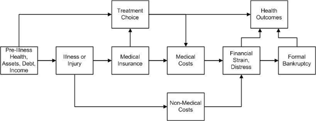Flussdiagramm, das die Arten von medizinischen Kosten veranschaulicht, die mit Vorerkrankung, Gesundheit und Gesundheitsergebnissen verbunden sind, mit verbundenen, beschrifteten K├Âchen und Unterabschnitten.