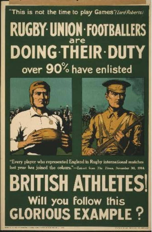 Plakat mit zwei Rugby-Union-Fußballern in Uniform, mit Text über britische Athleten, die ihren Dienst ableisten.