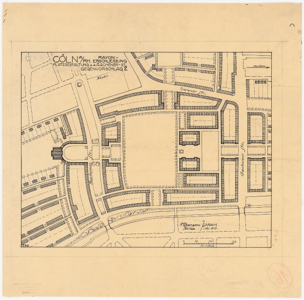 Alte Karte von Köln, Deutschland, mit detaillierten Gebäudeplänen und handgeschriebenem Text auf altem Papier.