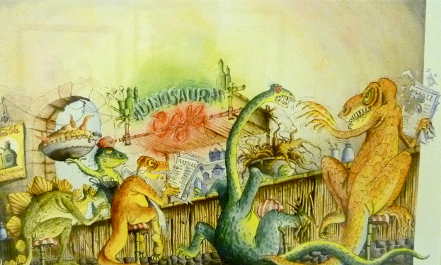 Ein Raum mit verschiedenen Dinosaurier-Gemälden, mit Wänden, Brettern und Flaschen im Hintergrund.