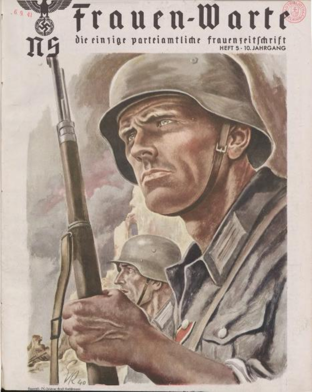 Ein deutsches Weltkriegspropagandaplakat mit einem Mann in Militäruniform, der ein Gewehr hält, sowie zwei weiteren Personen im Hintergrund, Text und Logo.