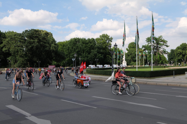 Eine Gruppe von Menschen, die auf Fahrrädern eine von Bäumen gesäumte Straße mit Laternenmasten und Fahnenmasten entlangfahren, während der Pariser Fahrradtour 2016, mit Fahrzeugen im Hintergrund und einer bewölkten Himmel.