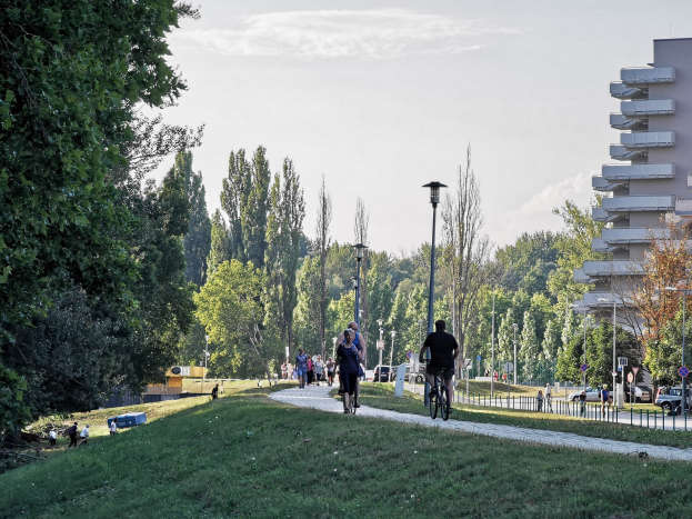 Gruppe von Menschen, die Fahrräder auf einem Parkweg mit Bäumen, Straßenmöbeln, Kraftfahrzeugen, Gebäuden und einem bewölkten Himmel im Hintergrund fahren