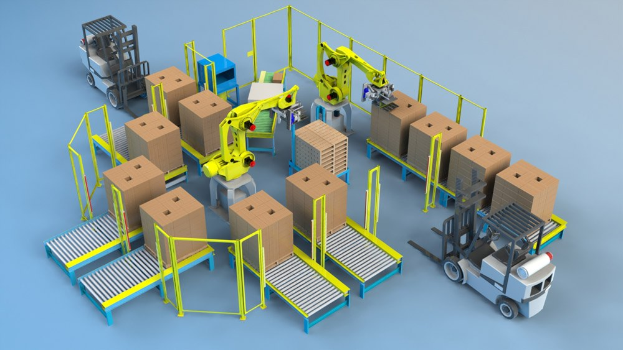 Gruppe automatisierter Roboter auf einem Förderband in einem Lager, die Kartons bearbeiten, mit Fahrzeugen auf dem Boden sichtbar.