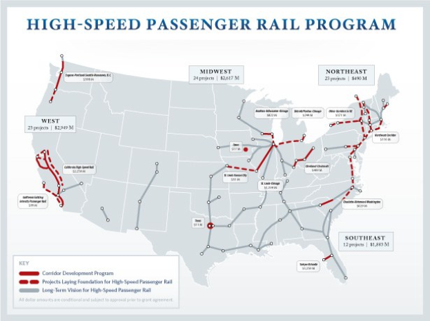 Ein Plakat mit einer detaillierten Karte des U.S.-Hochgeschwindigkeits-Personenverkehrsprogramms, einschließlich Routen und wichtiger Standorte, begleitet von erklärendem Text.