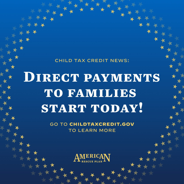 Plakat, das 'Direkte Zahlungen an Familien beginnen heute' ankündigt, mit einem sternförmigen Rahmen.