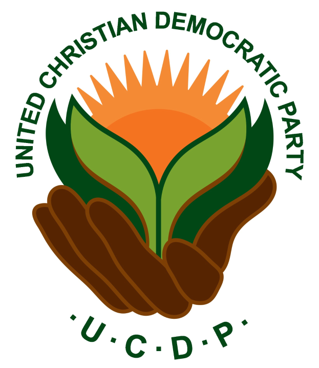 Logo der Vereinigte Christdemokratische Partei (UCDP): eine Hand, die eine leuchtend gelbe Blume mit einem grünen Stiel und Blättern hält, mittig innerhalb eines blauen und gelben Kreises auf einem weißen Hintergrund, mit der schwarzen Schrift "UCDP" darunter.
