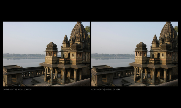 Ein Tempel aus verschiedenen architektonischen Elementen, der sich auf der rechten Seite des Bildes befindet.