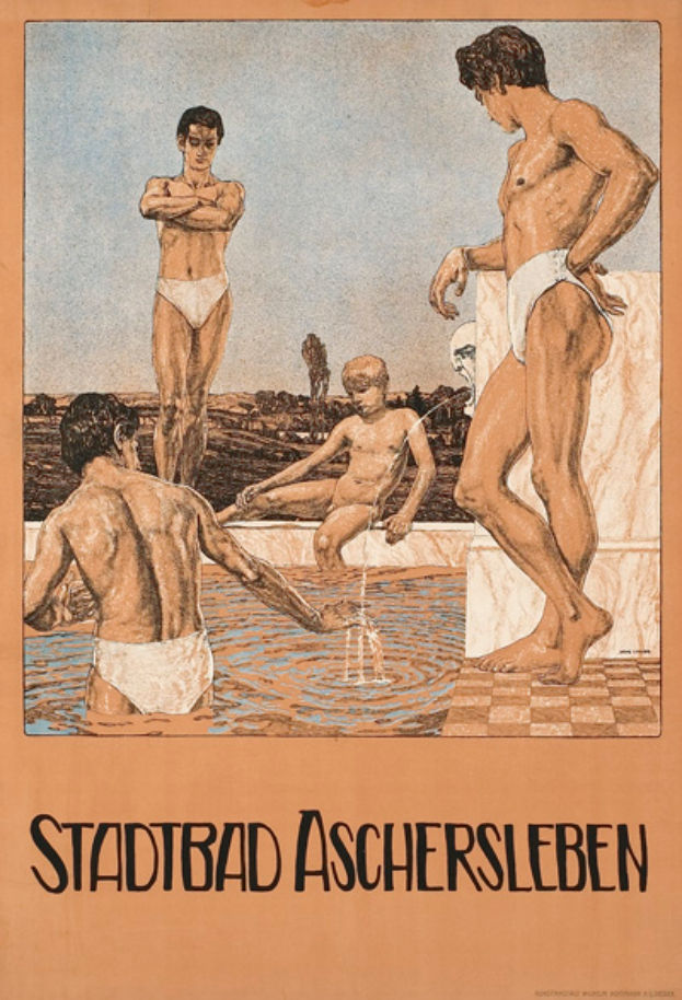 Eine Gruppe von Menschen, die im Wasser steht und eine Person, die im Schwimmbad sitzt, mit Textwerbung für ein Schwimmbad in Aschersleben, Deutschland.