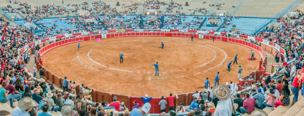 Eine große Menschenmenge schaut bei einer Stierkampfveranstaltung in einer Arena zu, wobei einige Menschen stehen, sitzen oder Gegenstände halten und eine Person unten einen Hut trägt.