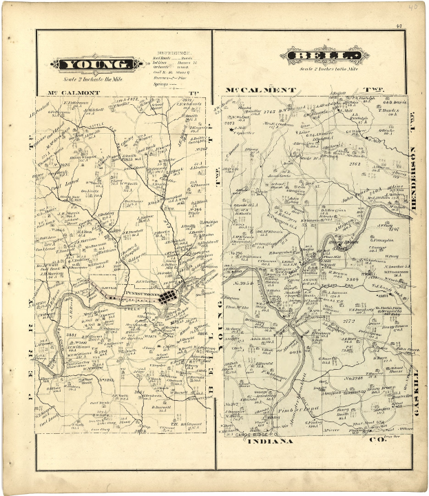 Ausführliche alte Karte von Young, Indiana, zeigt Straßen, Gebäude und Sehenswürdigkeiten.