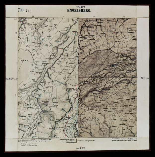Ein altes topografisches Kartenblatt von Engelsberg, Deutschland, mit einem schwarzen Rand, das detaillierte Informationen über Straßen, Berge und andere geografische Merkmale sowie beschreibenden Text enthält.