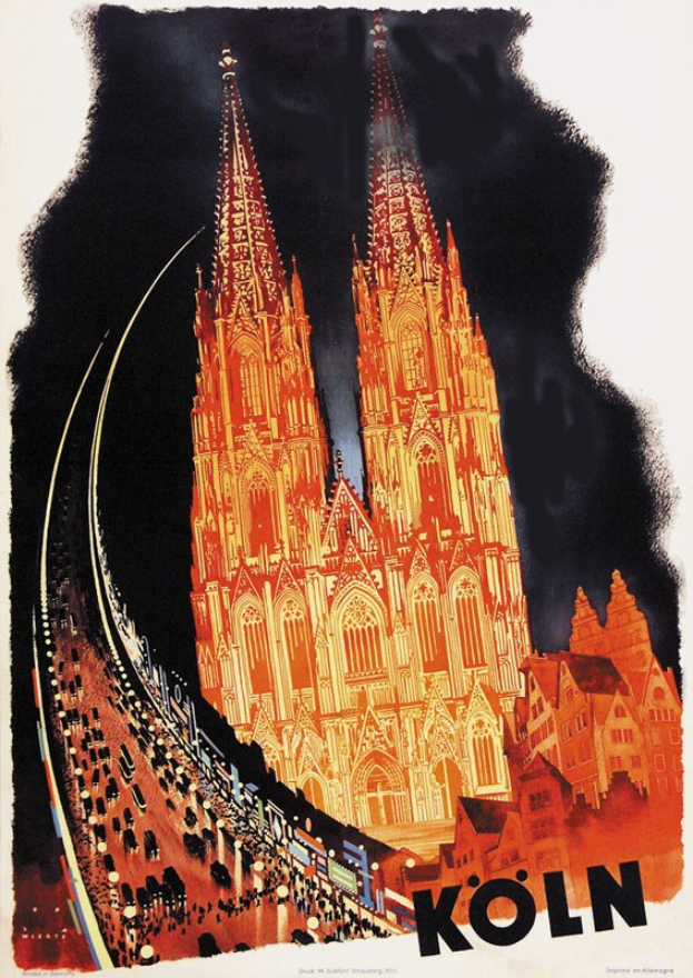 Ein Plakat für einen Bahnhof in Köln, Deutschland, das eine Illustration des Kölner Doms mit seinen charakteristischen Spitzen und detaillierten Elementen zeigt, sowie begleitenden Text.