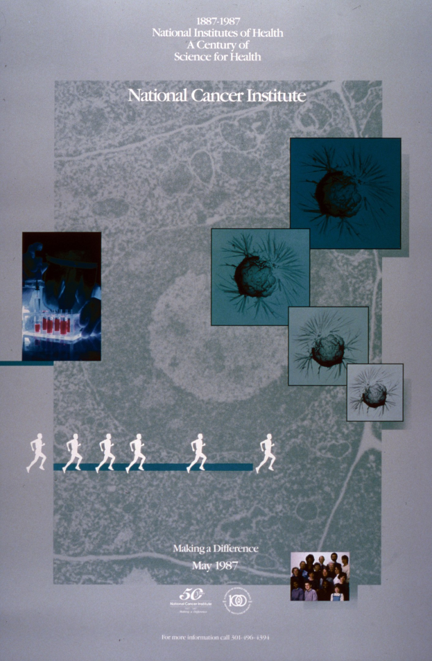 Buntes Plakat für das National Cancer Institute mit blauem Hintergrund und weißer Schrift, das einen Kreis aus überlappenden, lächelnden Bildern von verschiedenen Menschen um den fetten, Großbuchstaben-Titel zeigt.