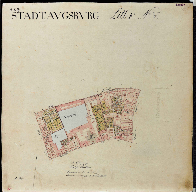 Ein detailliertes altes Stadtplan von Stadtavgsbvrg, der Straßen, Gebäude, Sehenswürdigkeiten und Text mit Informationen über die Bevölkerung und bemerkenswerte Merkmale anzeigt.