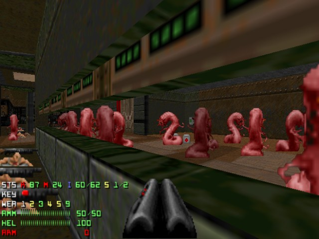 Animierter Screenshot aus dem Videospiel Doom II, der mehrere Zombies in einem Raum, eine Waffe unten und Spielstatistiken und Text links zeigt.