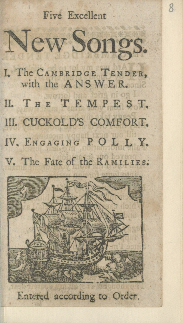 Altes Buchcover mit einem Schiff, das auf Wasser unter einem blauen Himmel segelt, mit der Aufschrift "Fünf ausgezeichnete neue Lieder" oben.