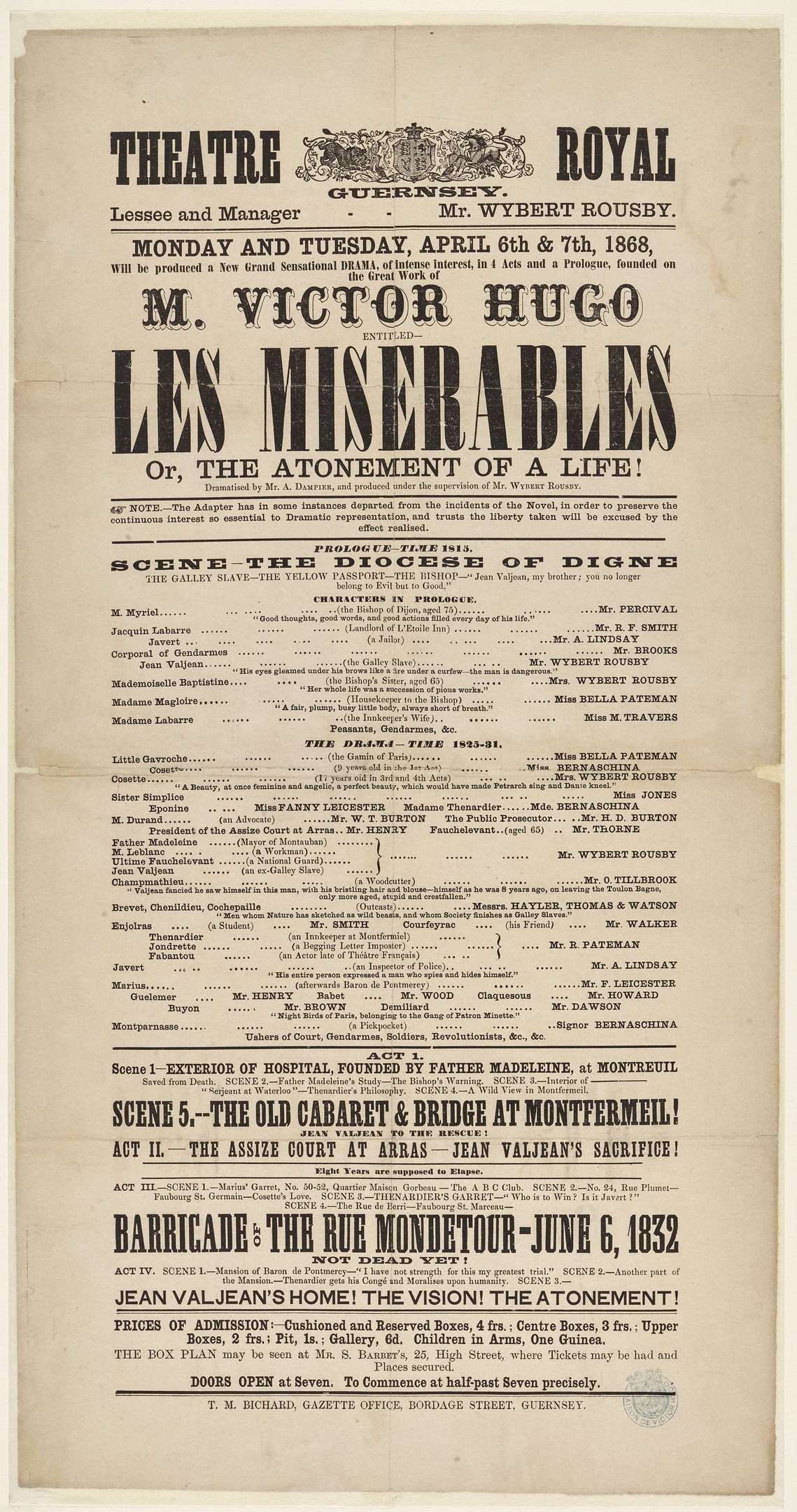 Schwarz-weiß Zeitungsannonzeige für das Theatre Royal, London, wahrscheinlich beworben die Show "Les Misérables."