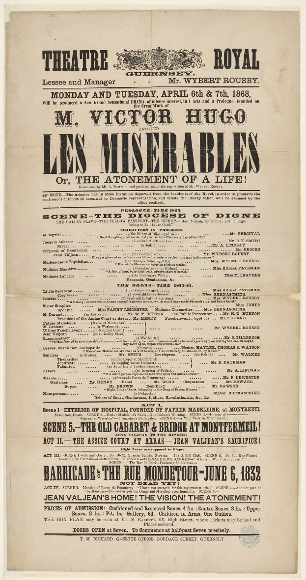 Schwarz-weiß Zeitungsannonzeige für das Theatre Royal, London, wahrscheinlich beworben die Show "Les Misérables."