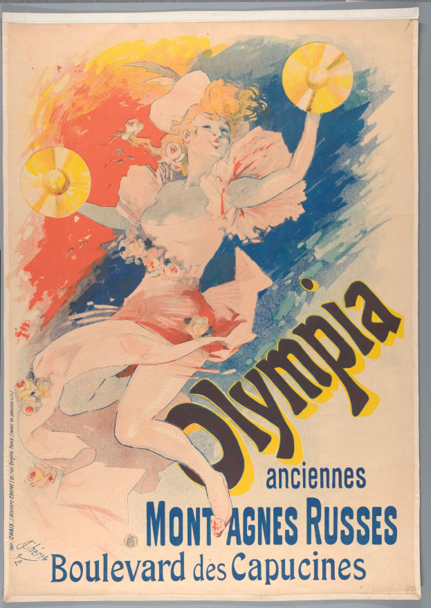 Ein Plakat, das die Olympischen Spiele in Mont-Agnes-Russes, Frankreich, ankündigt und eine Frau mit menschlichem Gesicht zeigt, die ein buntes Kleid trägt und einen Fächer hält, mit Text, der das Ereignis beschreibt.