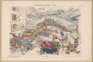 Eine Schwarz-Weiß-Illustration einer überfüllten Bahnhofshalle aus dem Jahr 1900, eingerahmt von einem Photo-Rahmen, zeigt Menschen in Not, die nach oben zu einem Zug und nach unten auf den Boden schauen.