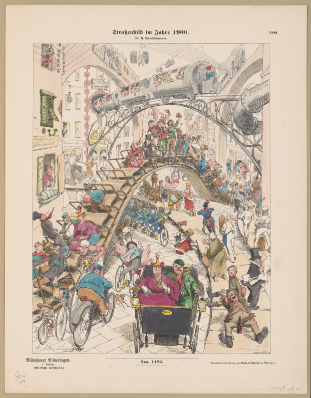 Eine Schwarz-Weiß-Illustration einer überfüllten Bahnhofshalle aus dem Jahr 1900, eingerahmt von einem Photo-Rahmen, zeigt Menschen in Not, die nach oben zu einem Zug und nach unten auf den Boden schauen.