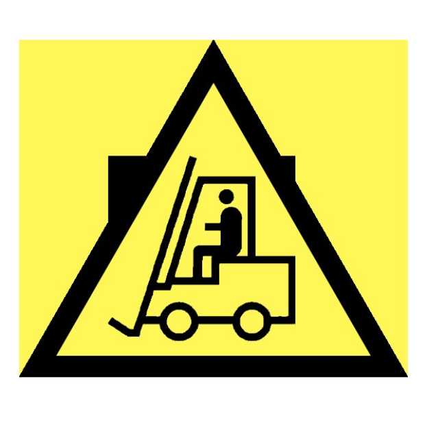 Warnschild mit gelb-schwarzem Hintergrund, das eine Gabelstapler zeigt, vor einem weißen Hintergrund.