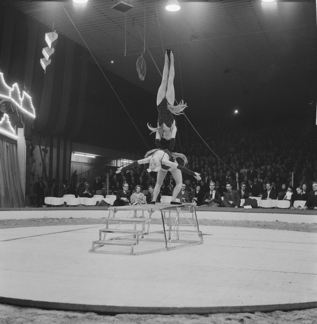 Zwei Akrobaten performen auf einer von Deckenlampen beleuchteten Bühne, vor einem sitzenden Publikum.