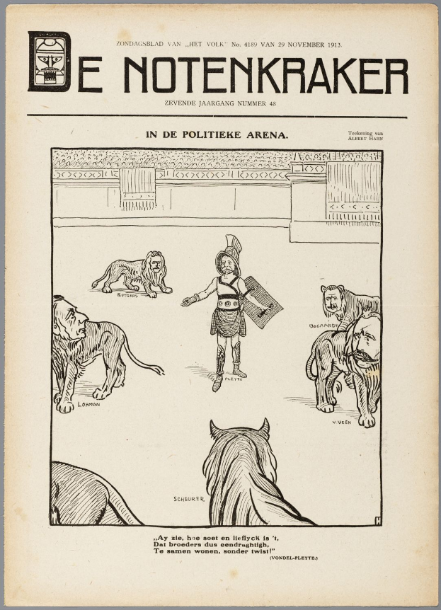 Ein Buchumschlag mit einem Mann in einem Anzug, der selbstbewusst vor einer Gruppe von Tieren steht, darunter ein Löwe und eine menschenähnliche Figur, mit der Aufschrift "E Notenkraker in de Politieke Arena".