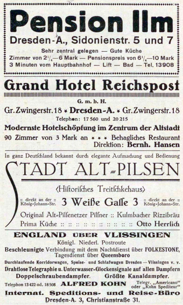 Schwarz-weiß-Anzeige für das Pensionshaus in Dresden, Deutschland, gedruckt auf altem Zeitungsstil-Papier.