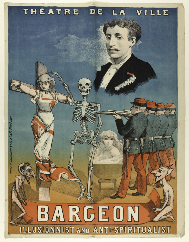Plakat für das Théâtre de la Ville in Paris mit einer Gruppe verängstigter Menschen, einem zentralen Skelett mit ausgebreiteten Armen und der Aufschrift "Bargeon Illusionist und Anti-Spiritualist."
