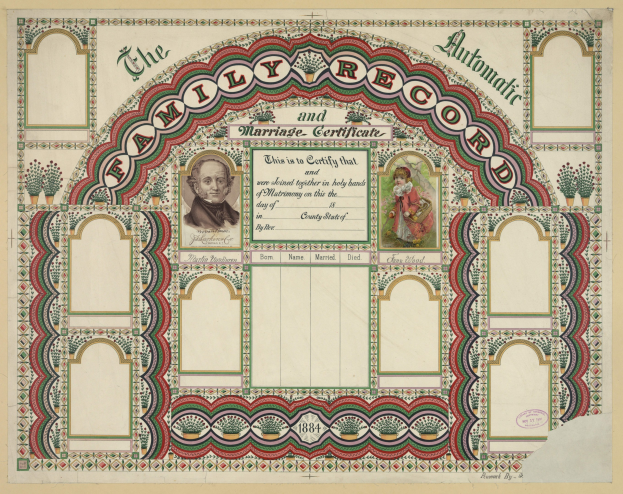 Familienaufzeichnung und Heiratsurkunde mit einem strahlenden Paar in einem Porträt, mit einem bunten Rand und Text, der ihre Heirat beschreibt.