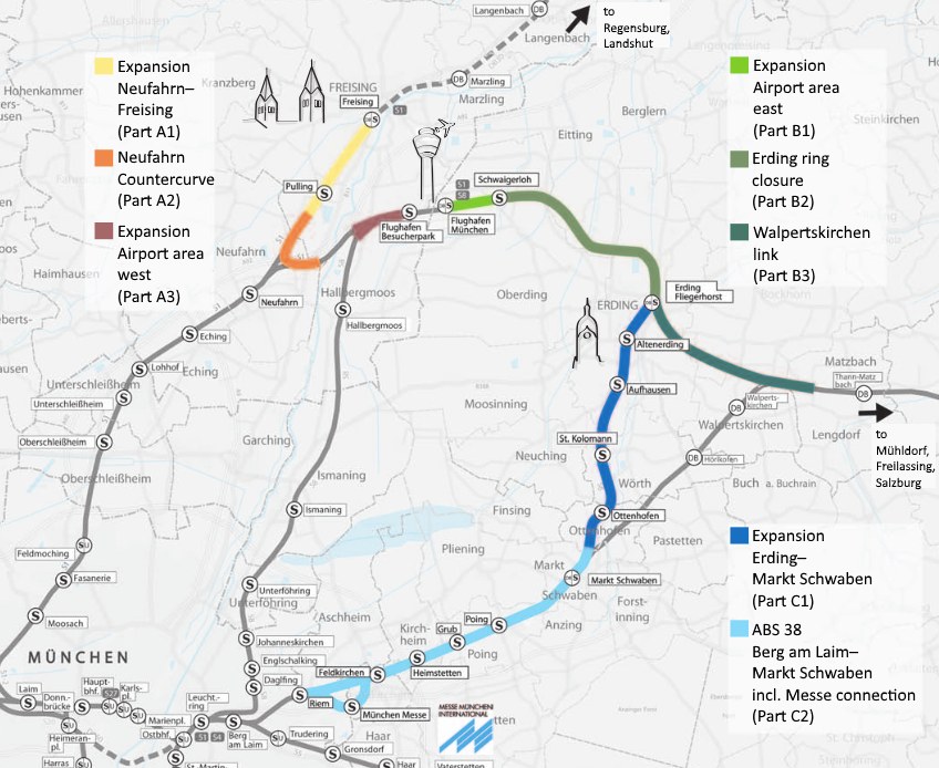 Eine detaillierte Karte einer Stadt mit einer hervorgehobenen Zugroute von München nach Frankfurt, die Haltestellen, die Umgebung und zusätzliche Zuginformationen zeigt.