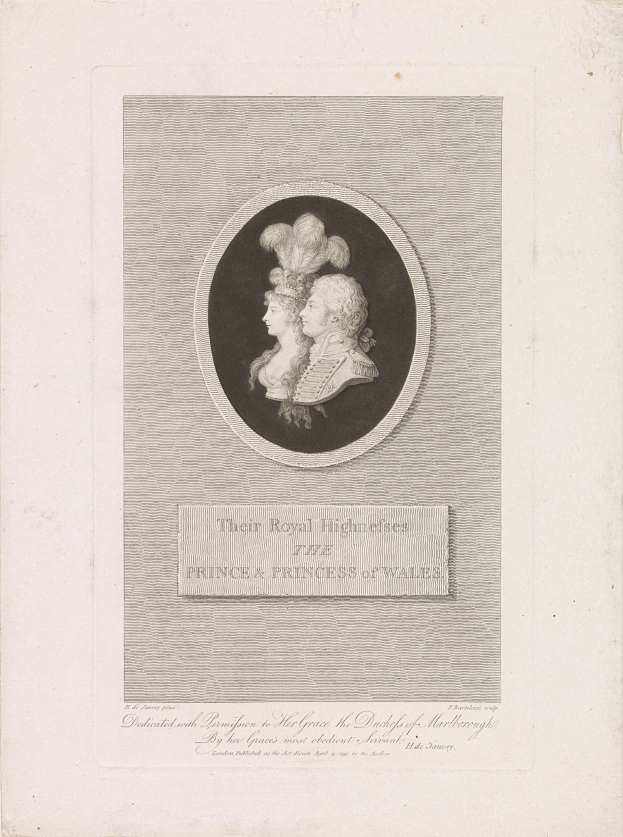 Schwarzes und weißes Bild eines Papiers mit einem Foto des Prinzen und der Prinzessin von Wales und Text darunter.