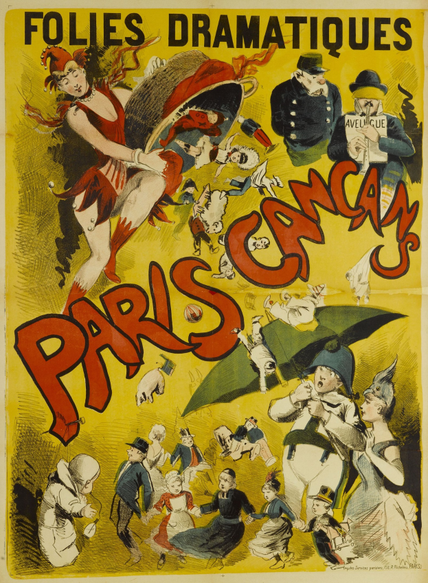 Buntes 1920er-Jahre-Plakat für das Stück 'Folies Dramatiques Paris Cancan' mit einer Gruppe von Menschen in verschiedenen Posen, fetter weißer Titeltext, eingerahmt von einem hellgelben Rand auf einem tiefblauen Hintergrund.