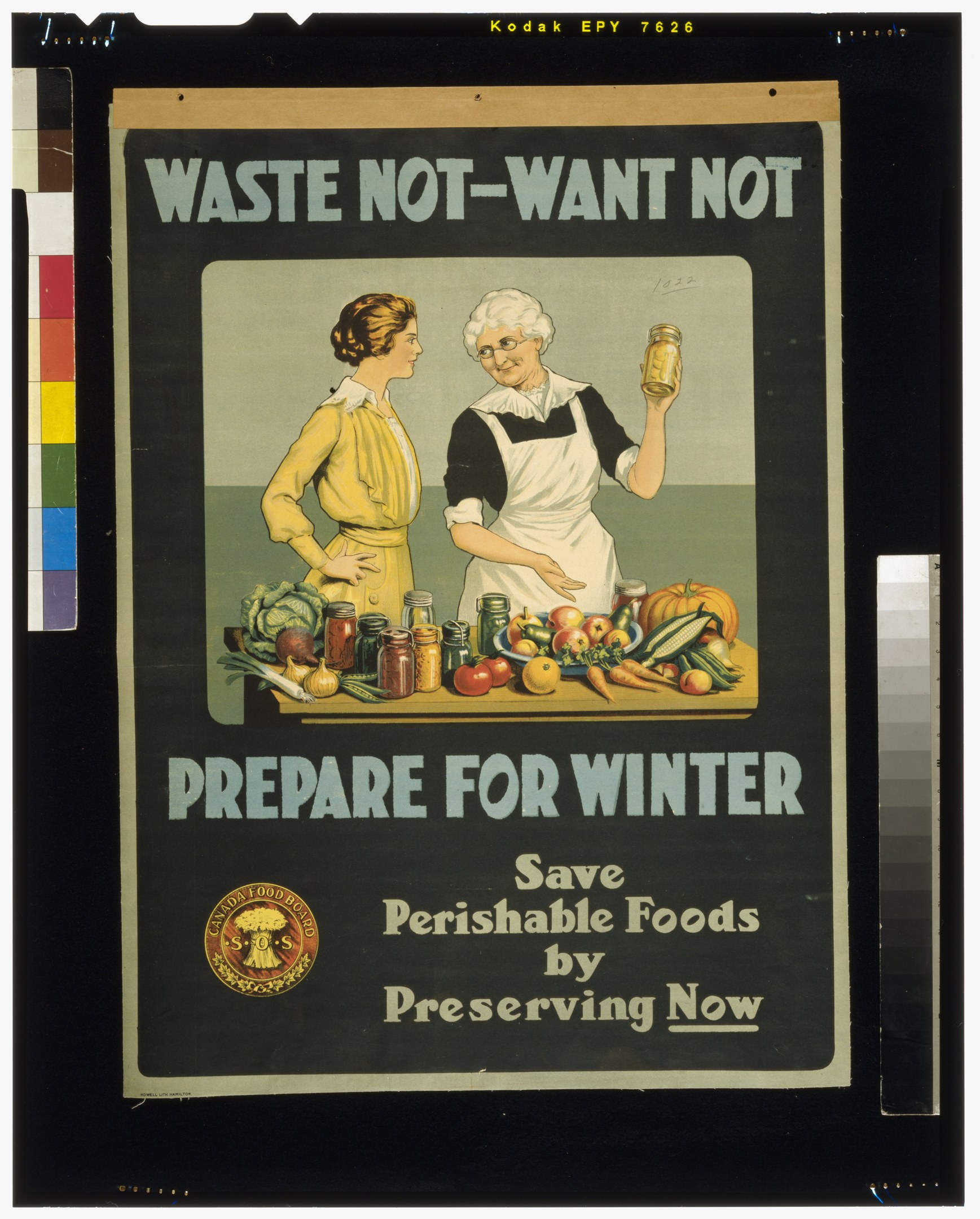 Plakat mit zwei Frauen vor einem Tisch voller Gemüse und Flaschen, Text lautet "Verschwende nicht - Willkommen heißen - Prepare for Winter - Bewahre verderbliche Lebensmittel jetzt auf."