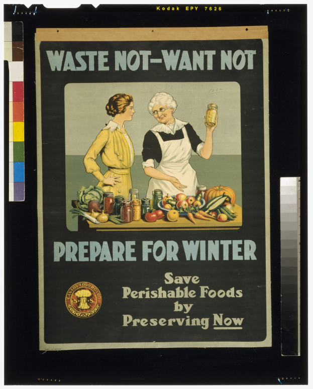 Plakat mit zwei Frauen vor einem Tisch voller Gemüse und Flaschen, Text lautet "Verschwende nicht - Willkommen heißen - Prepare for Winter - Bewahre verderbliche Lebensmittel jetzt auf."