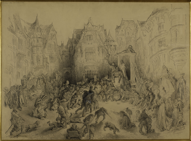 Ein gerahmtes Bild einer belebten Stadtstraße mit Menschen, einige stehen, andere sitzen, vor einem Hintergrund aus Gebäuden.