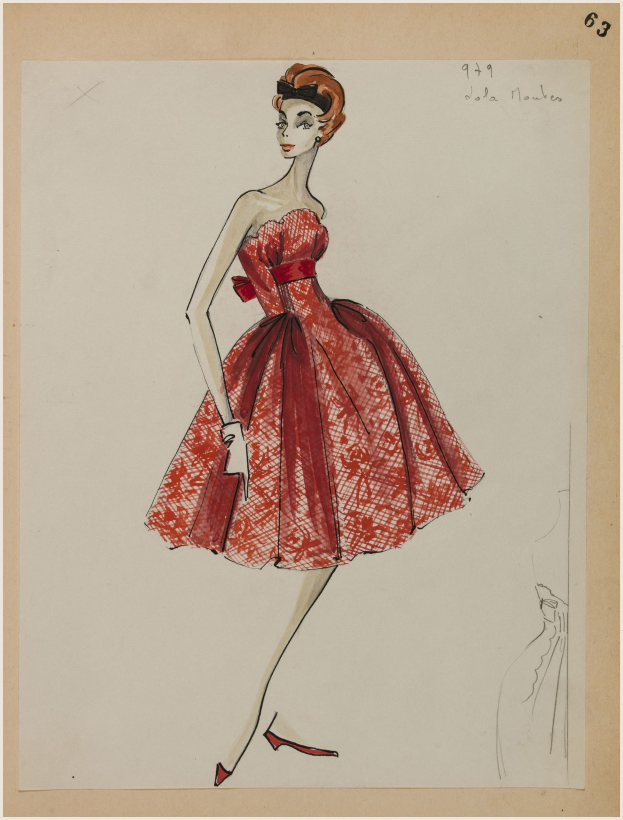 Eine Zeichnung einer Frau in einem roten 1950er-Jola-Moules-Kleid mit einem eng anliegenden Oberteil, einem langen Rock bis zur Kniehöhe und einem klassischen Haarknoten, die selbstbewusst posiert und dezent geschminkt ist.
