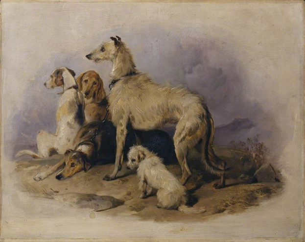 Gemälde mit dem Titel 'Grauhunde und Welpen' von William Hogarth (1805), das eine Gruppe von Grauhunden in einer Landschaft zeigt, die von einem Foto Rahmen umgeben ist.