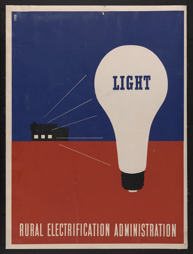 Ein Plakat mit einer Glühlampe in der Mitte und der schwarzen, fetten Beschriftung "Rurale Elektrizitätsverwaltung" auf einem hellgelben Hintergrund.
