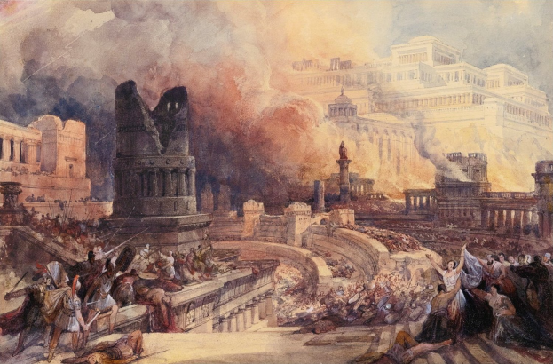 Ein Gemälde, das eine Menschenmenge vor einem Gebäude zeigt, einige halten Gegenstände, mit Gebäuden, Säulen und Rauch im Hintergrund und dem Text "Die Verbrennung Jerusalems" unten.