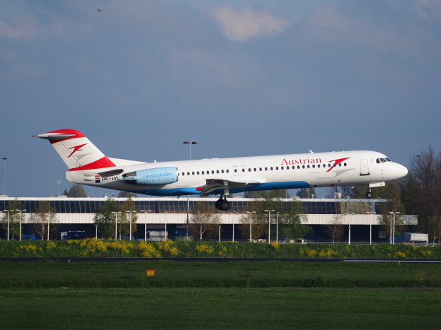 Ein Airbus A320-200 der Austrian Airlines startet am Frankfurter Flughafen, mit grünem Gras, blühenden Pflanzen, Bäumen, Laternenmasten und einem Gebäude im Hintergrund unter einem bewölkten Himmel.