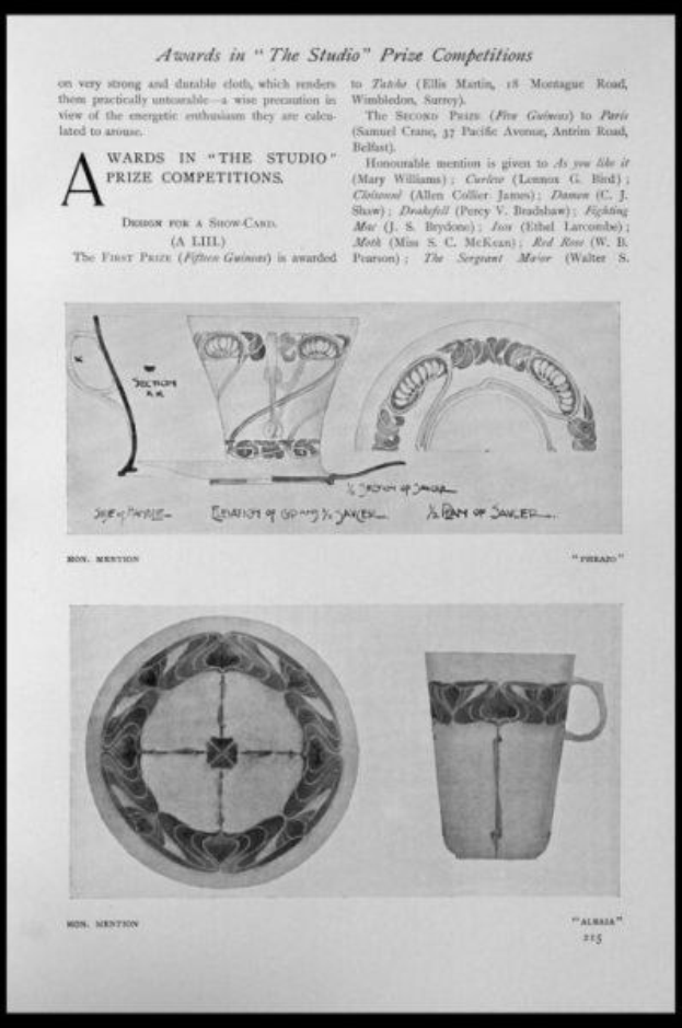 Schwarz-weiß-Zeichnung einer Tasse und eines Untersetzers mit einem Design, umrahmt von einem schwarzen Rand, und Text, der "Awards in the Studio Prize Competitions" lautet.