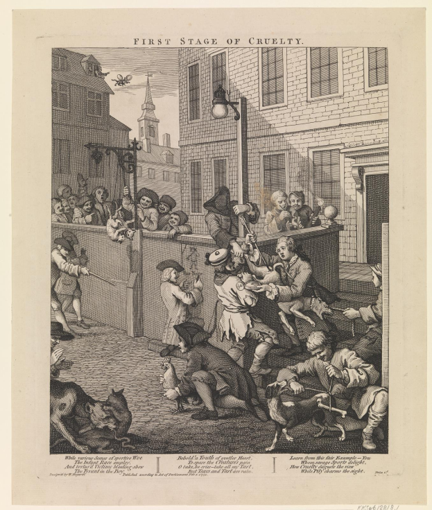Gruppe von Menschen und Tieren versammelt sich vor einem Gebäude mit Fenstern und einer Laterne, mit dem Text "Erste Stufe der Grausamkeit" unten.