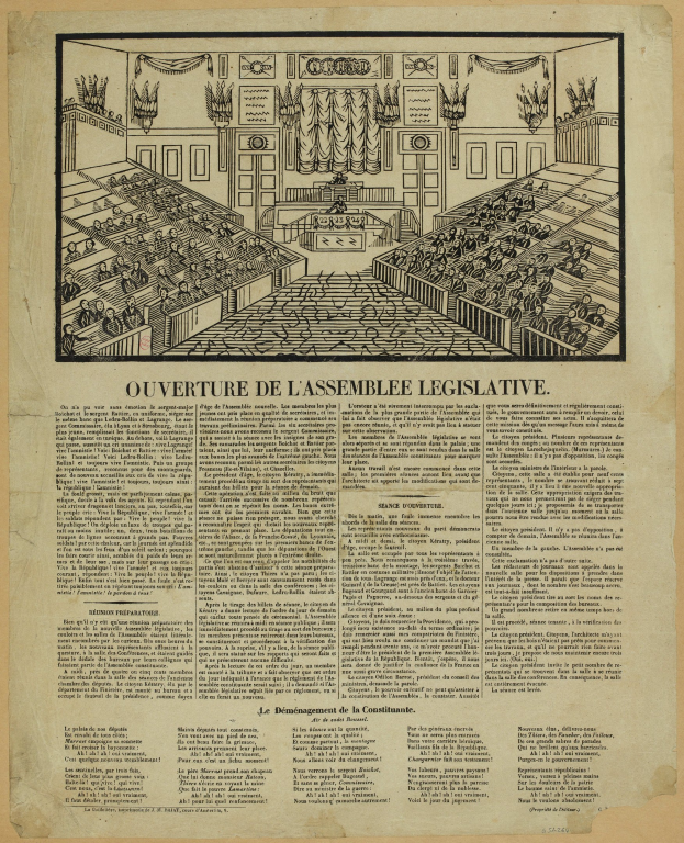 Schwarze und weiße Illustration eines Gesetzgebungszimmers mit Menschen in Reihen, begleitet von gedrucktem Text.