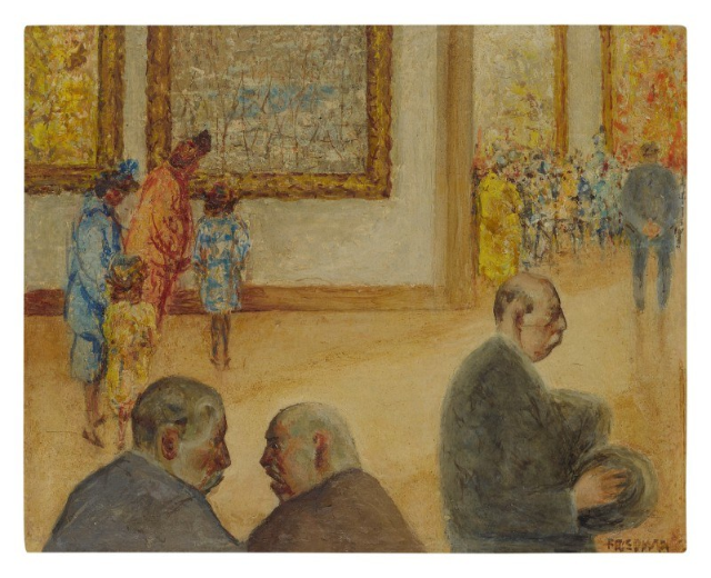 Gemälde mit dem Titel "Die Ausstellung im Museum der Schönen Künste" von Édouard Manet zeigt formell gekleidete Menschen, die in einem Raum mit Kunstwerken an den Wänden sprechen.