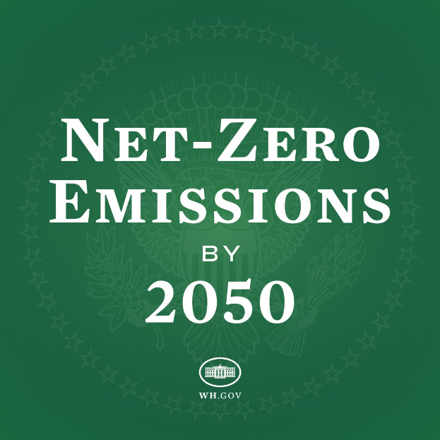 Weißer fetter Text auf einem grünen Hintergrund liest "net-zero emissions by 2050."